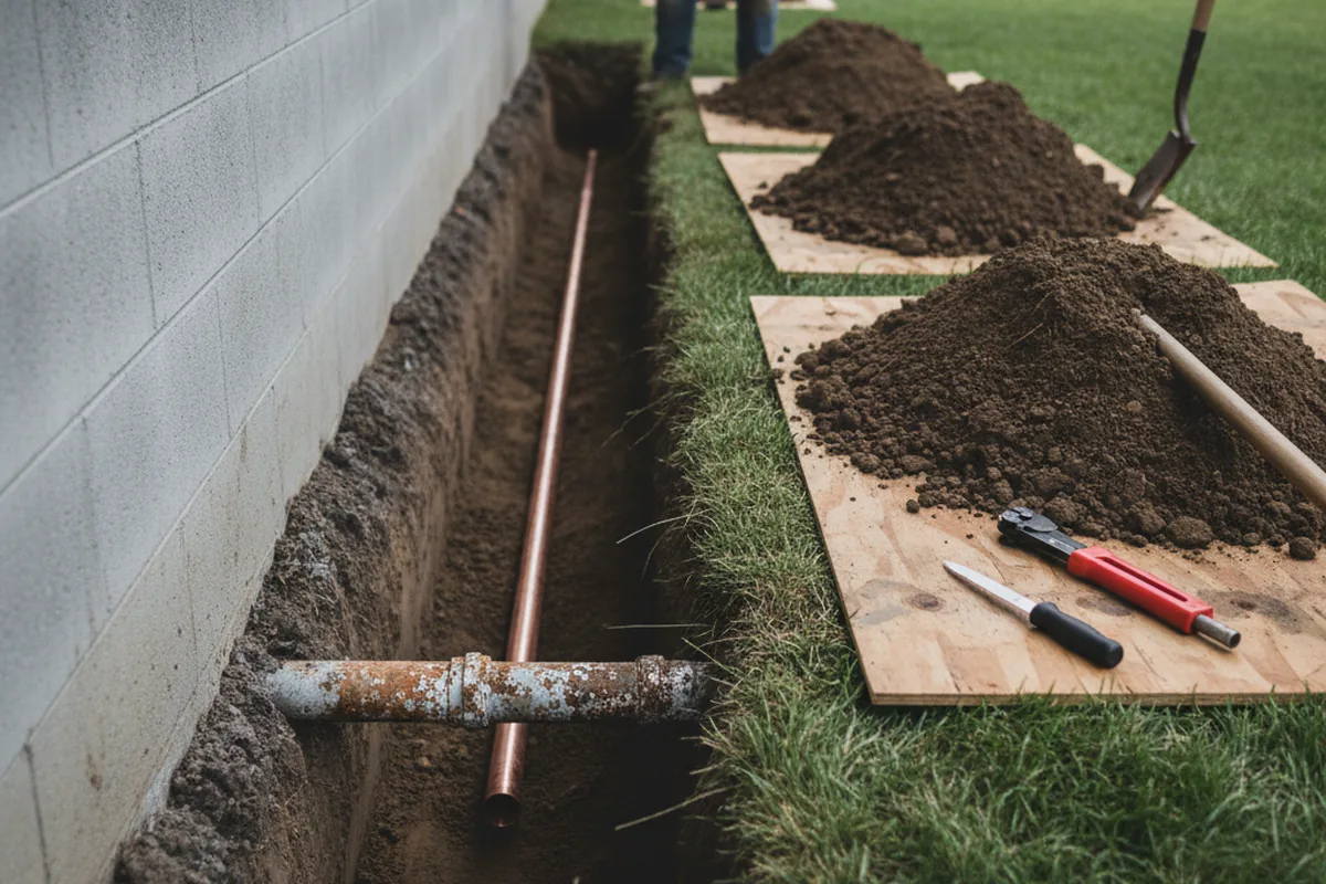 Excavated water line trench during Water Heater Repair in Clearlake